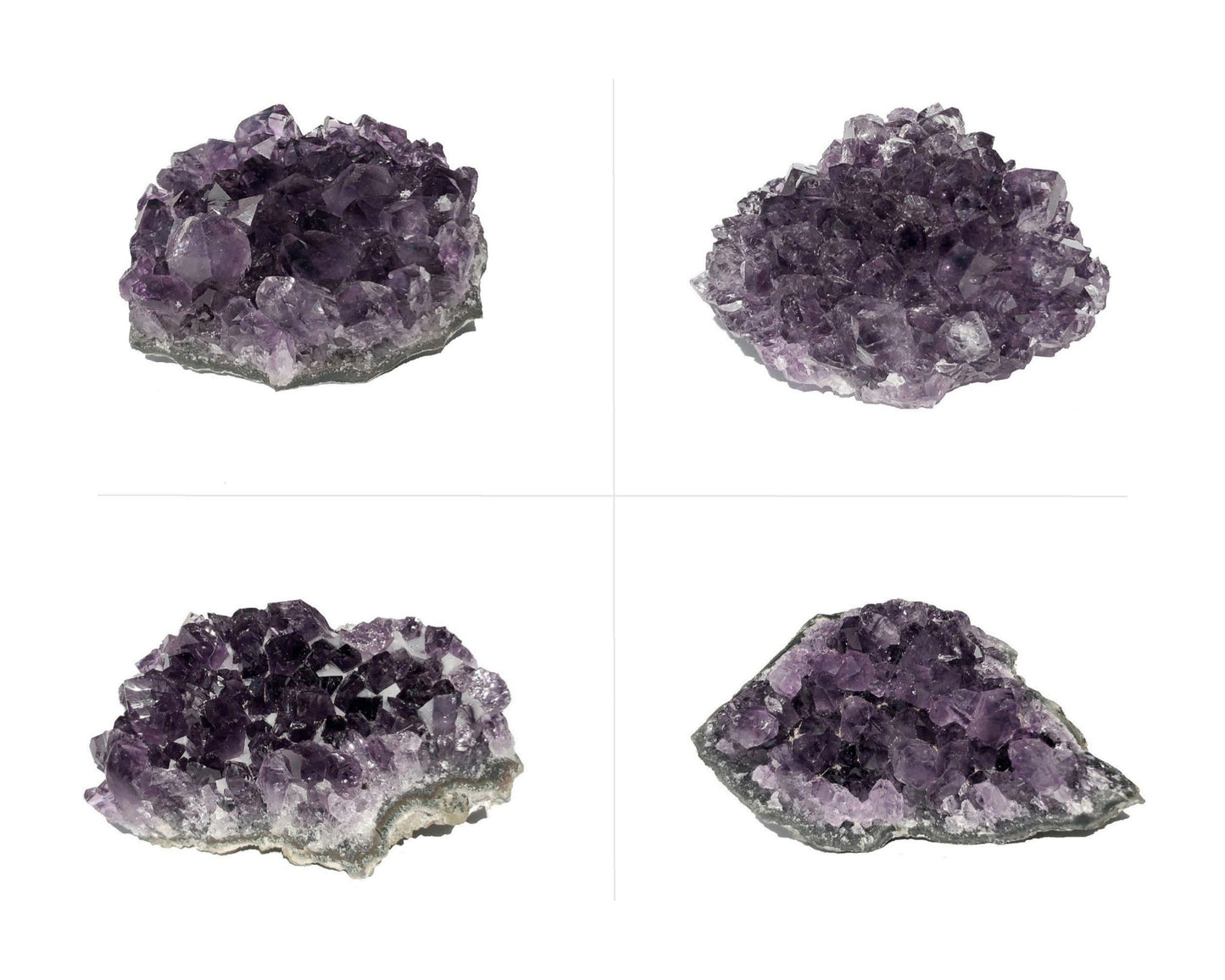 Set kleiner violetter Amethyst Stufen auf weißem Hintergrund