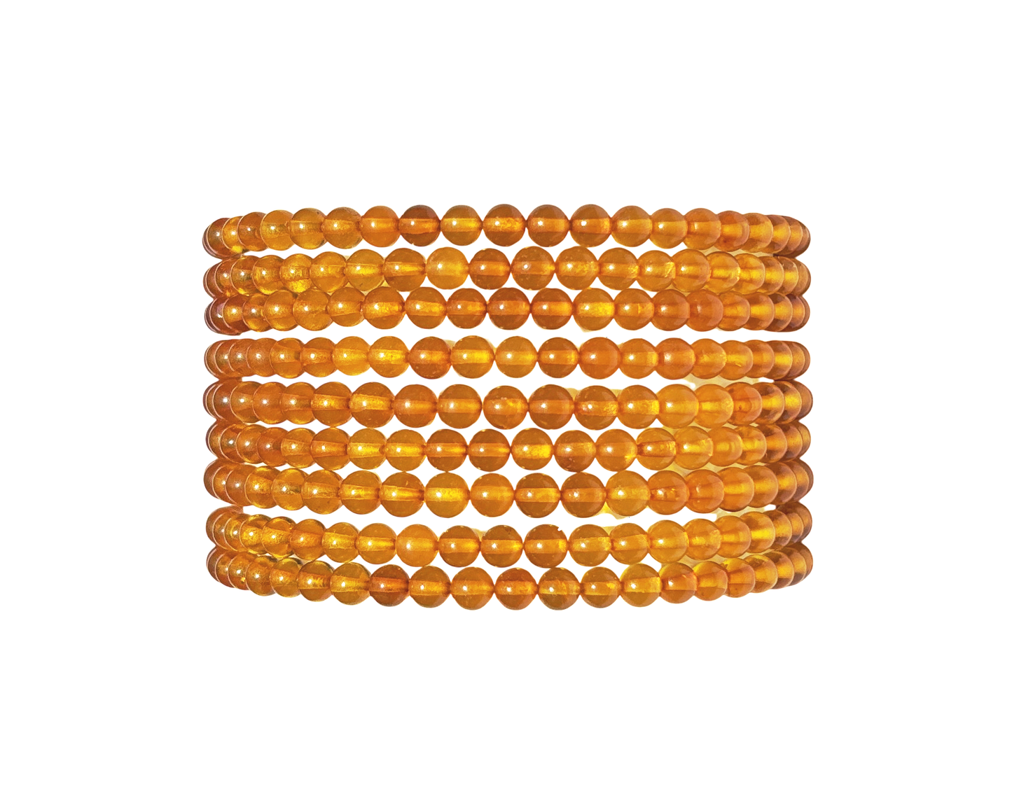 Queransicht: oranges Bernstein Armband mit runden Kugeln auf weißem Hintergrund