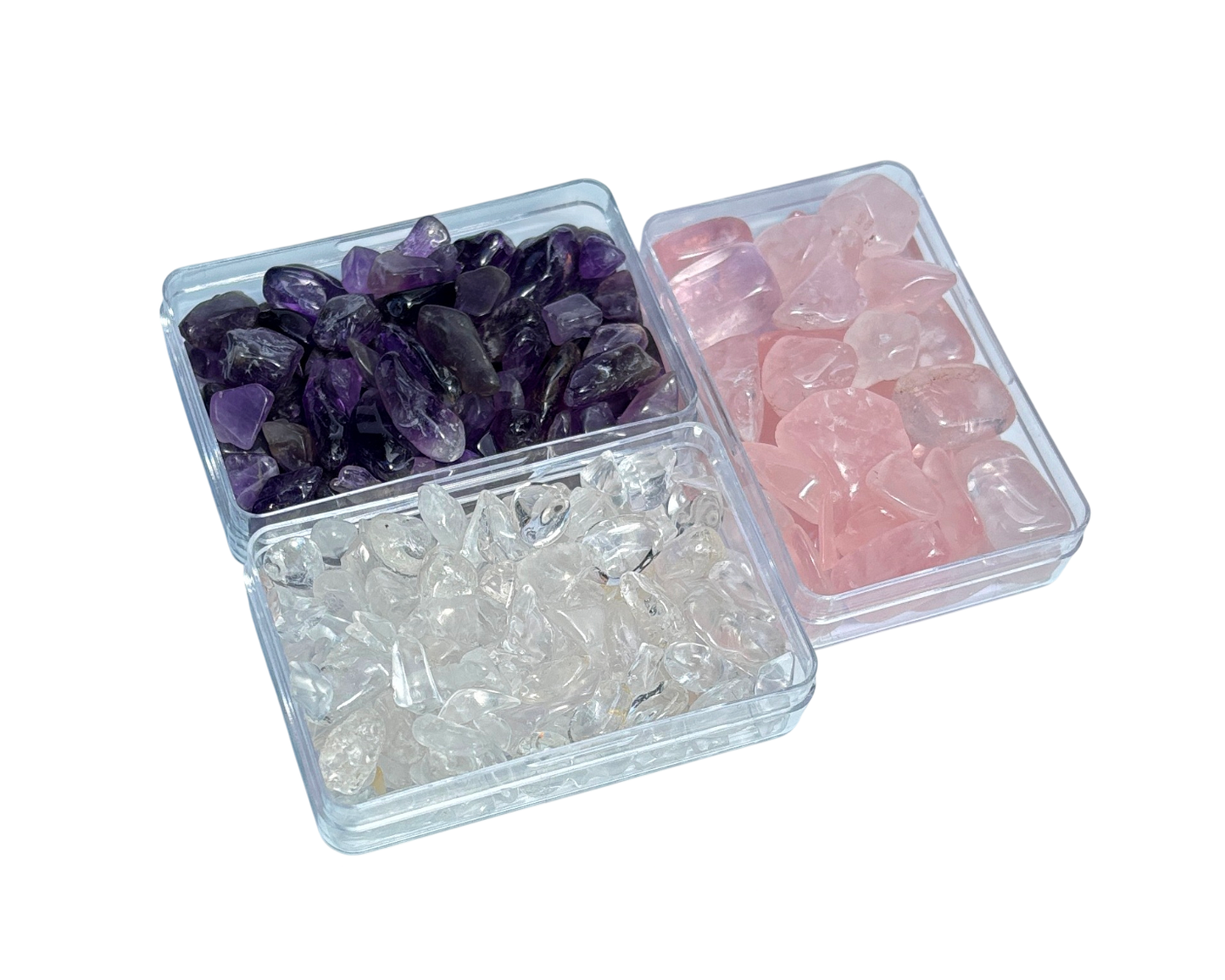 Ansicht von vorn: 3er-Set Amethyst, Bergrkistall und Rosenquarz Trommelsteine in einer Edelsteindose auf weißem Hintergrund