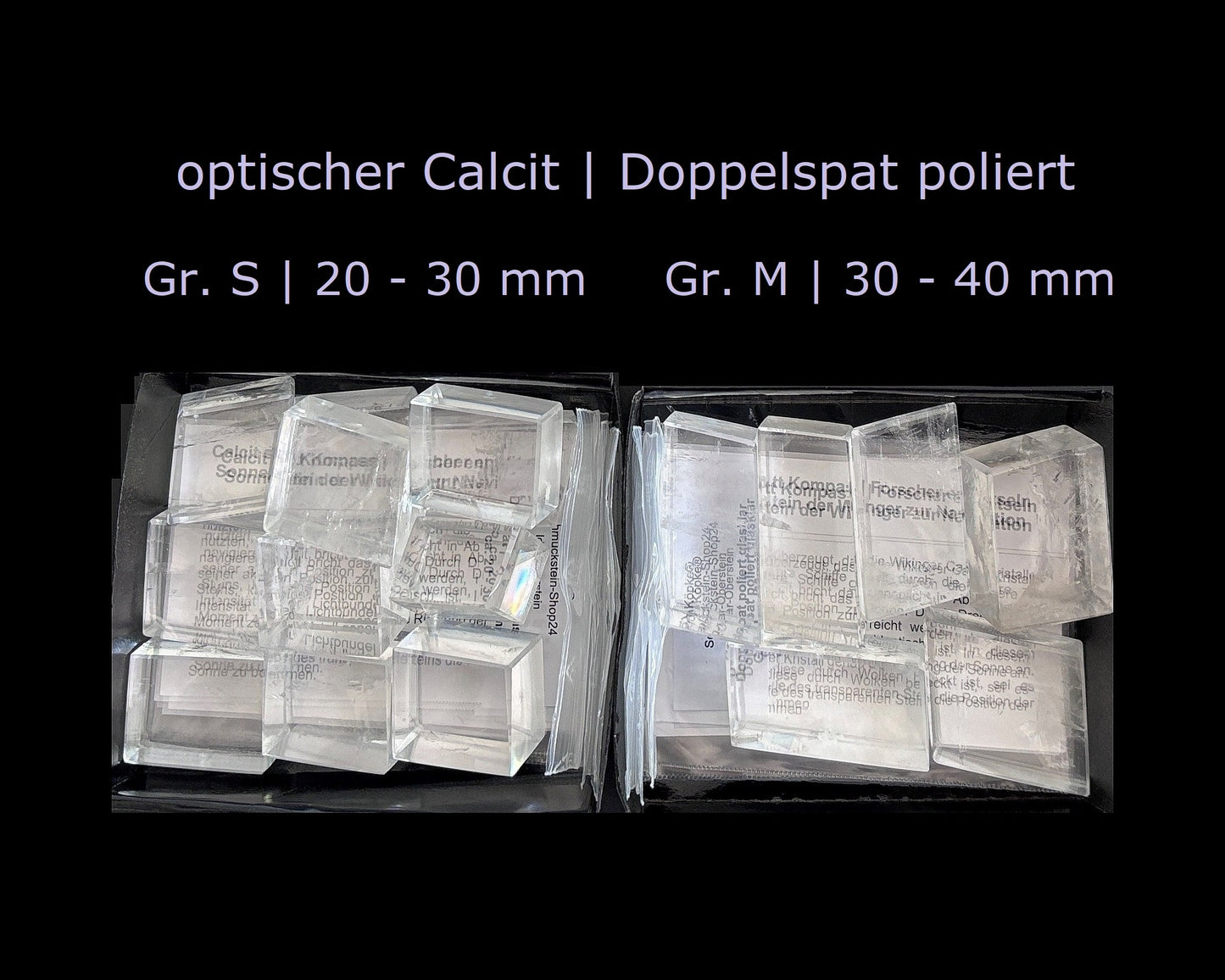 Ansicht von oben: Calcite Kristalle (Doppelspat) mit sichtbarer doppelter Schrift im Größenvergleich