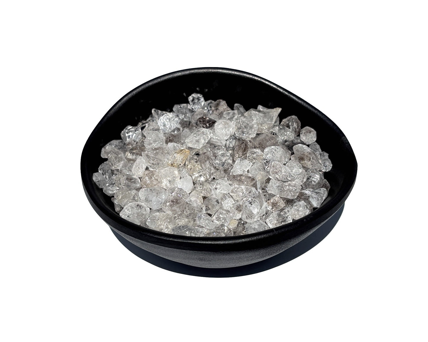 Vielzahl natürlicher Herkimer Kristalle in schwarzer Schale