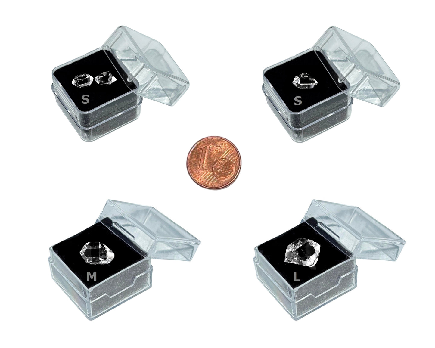 Set aus Herkimer Kristallen in Boxen, Größen S, M, L im Größenvergleich