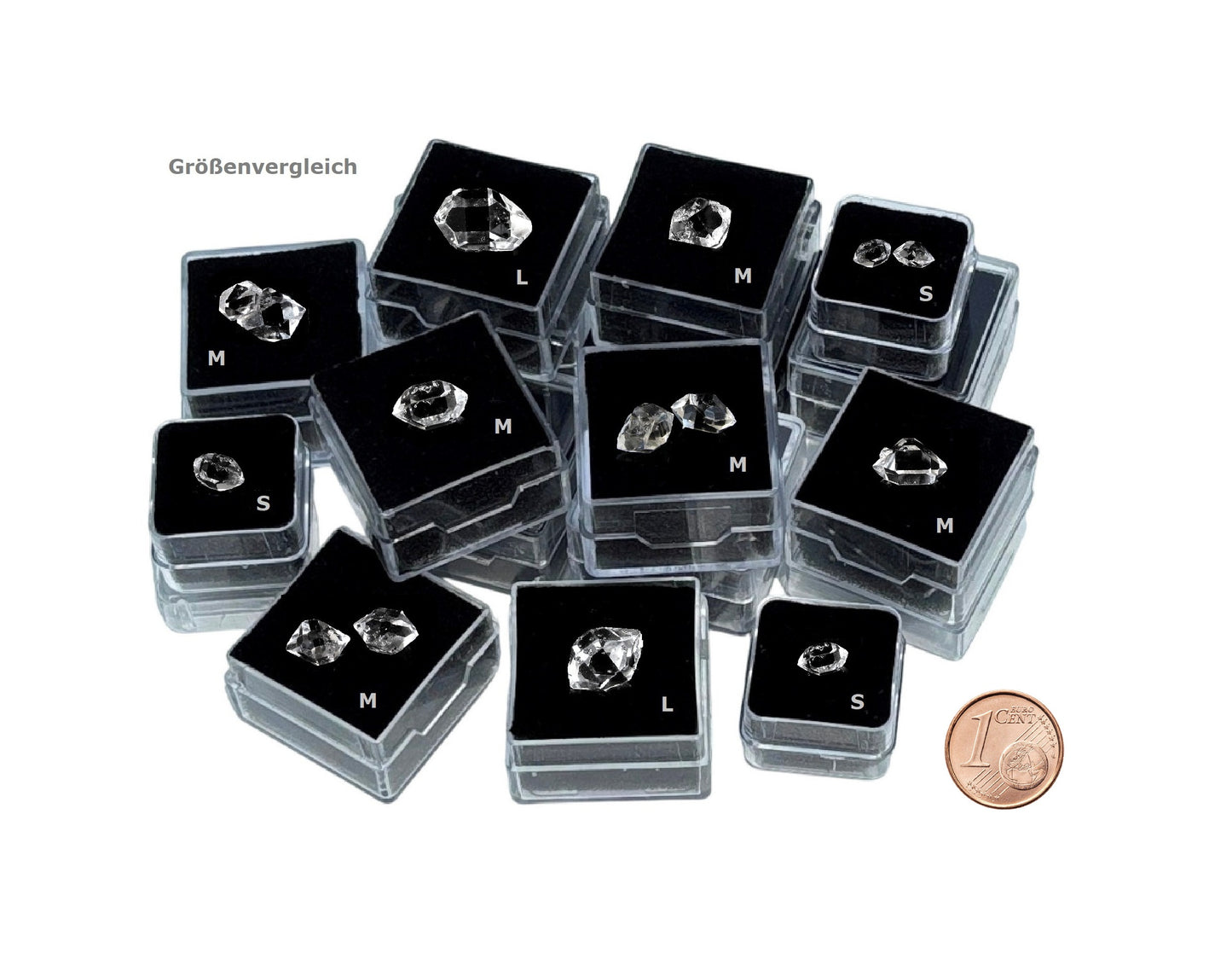 Set aus Herkimer Kristallen in Boxen, Größen S, M, L im Größenvergleich mit Pfennig