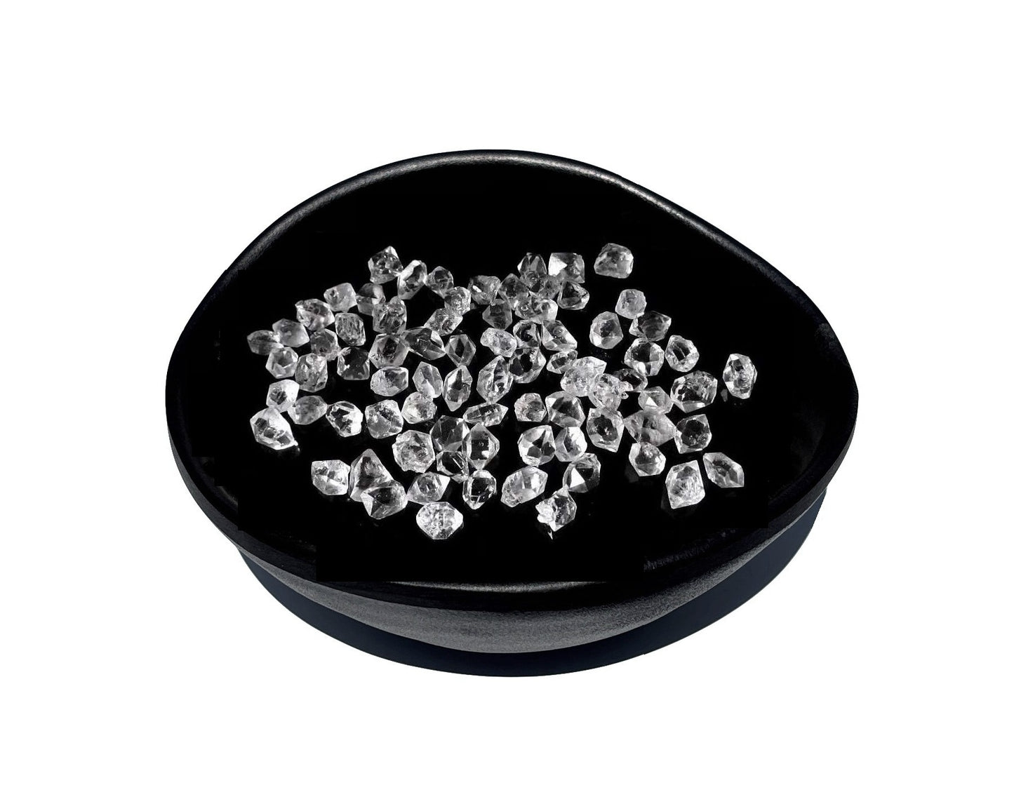 Vielzahl natürlicher Herkimer Kristalle in schwarzer Schale