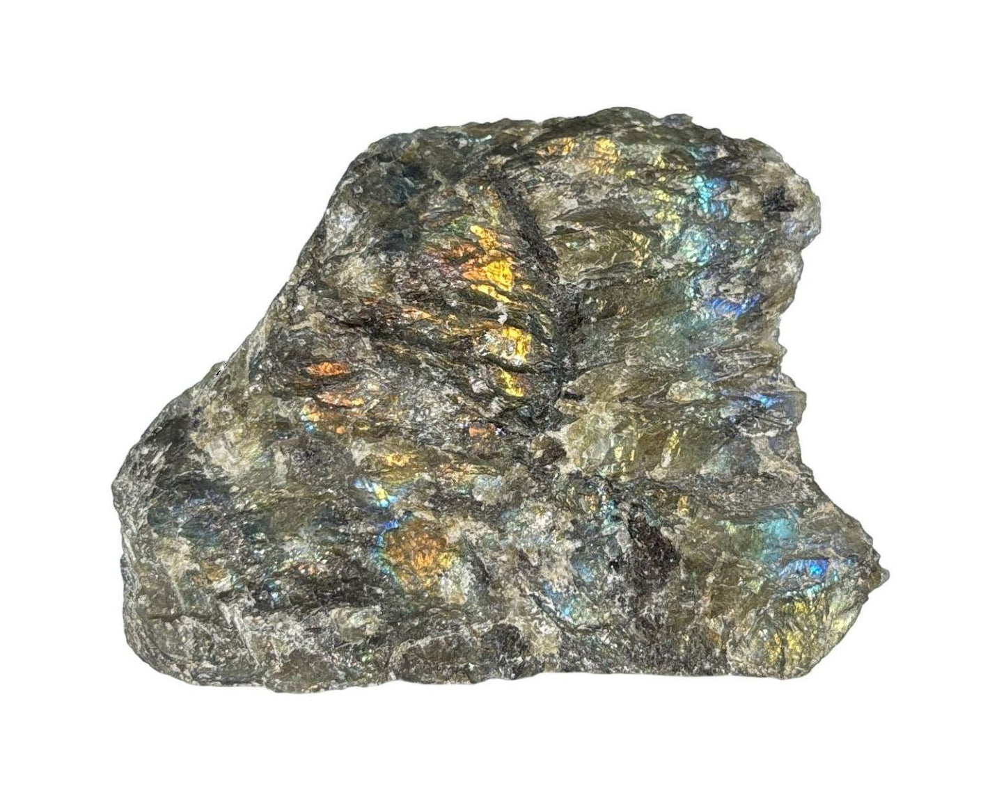 Rückseite: Labradorit Rohstein anpoliert mit irisierenden Farben