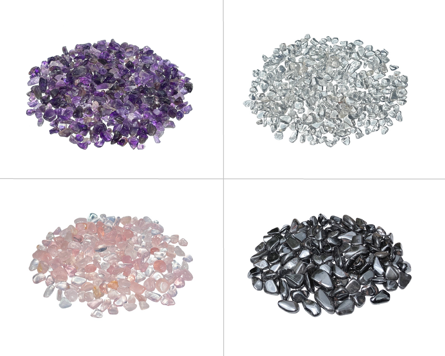 Amethyst Bergkristall Rosenquarz Hämatit Trommelsteine untereinander auf weißem Hintergrund