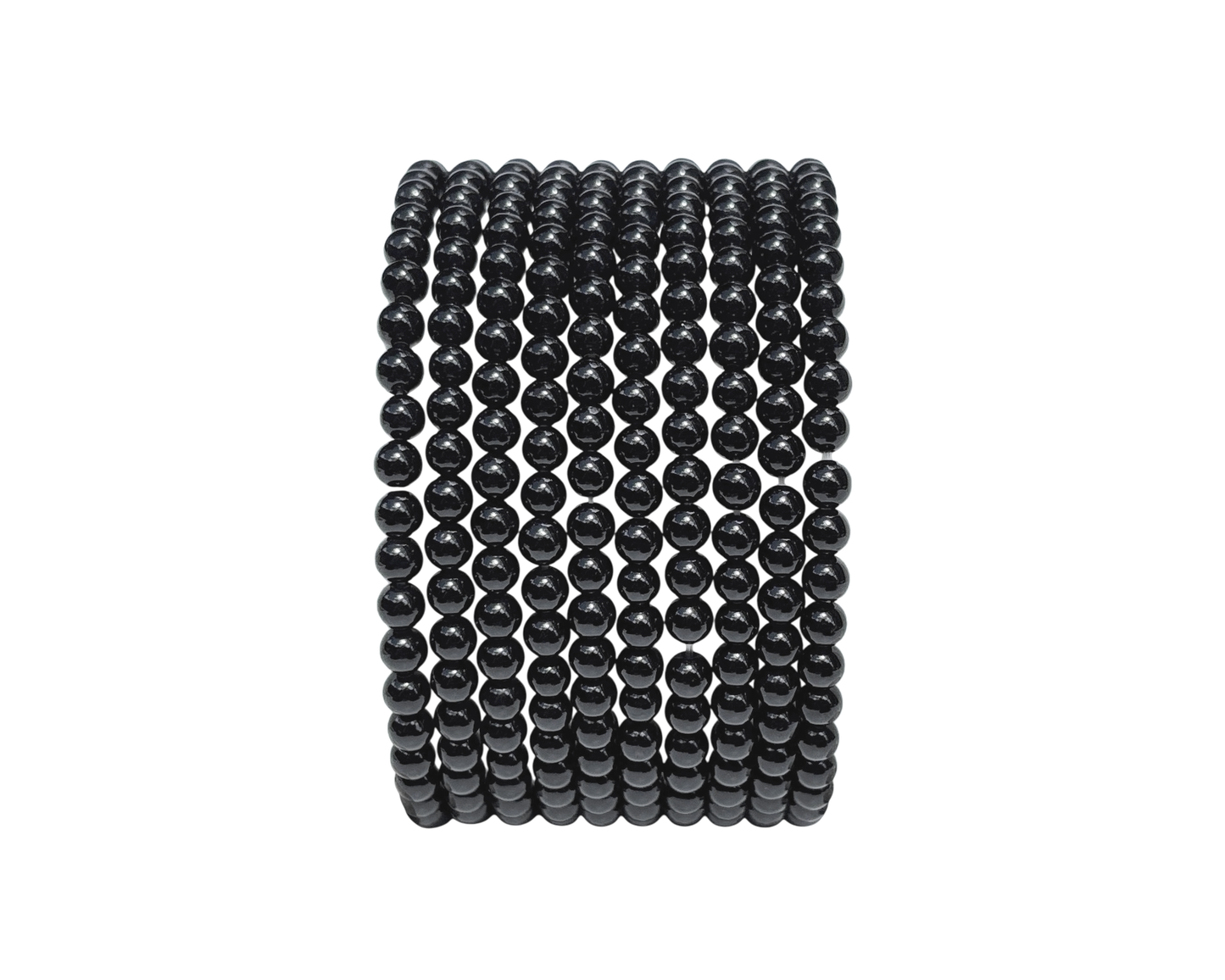 Längsansicht: schwarzes Turmalin Armband mit runden Kugeln auf weißem Hintergrund