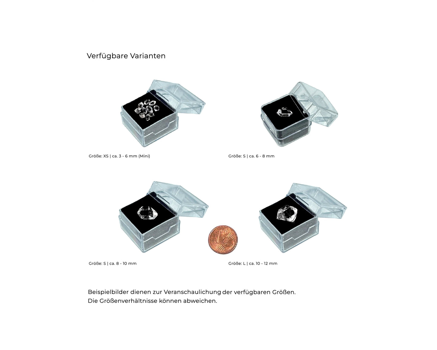 Set aus Herkimer Kristallen in Boxen, Größen S, M, L im Größenvergleich
