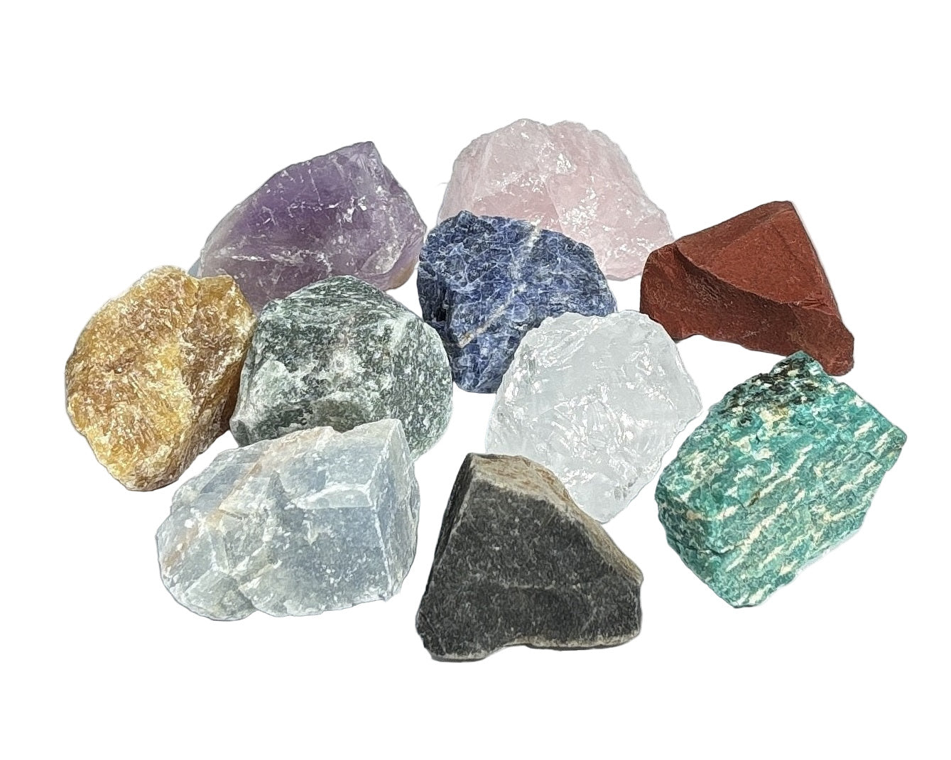 Vorderansicht Bunter Rohstein Mix für Sammler auf weißem Hintergrund