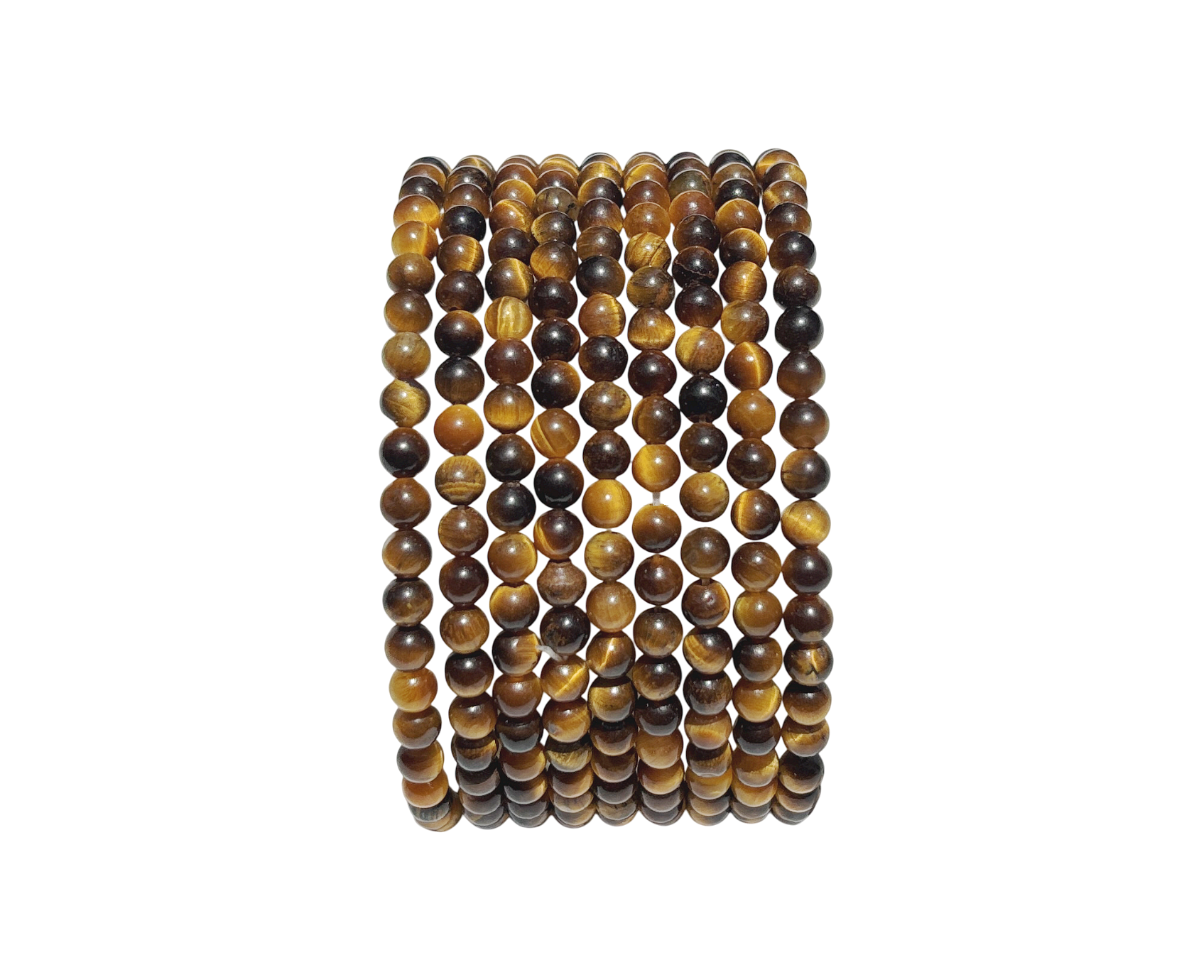 Längsansicht: Tigerauge Armband mit runden Kugeln auf weißem Hintergrund