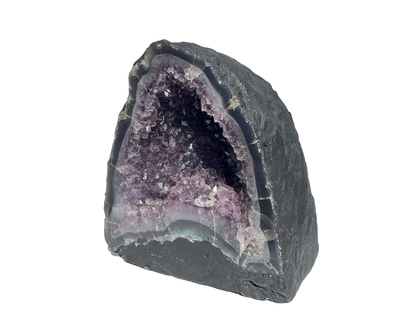 Seitenansicht: einzelne Amethyst Druse mit violetten Kristallen auf weißem Hintergrund