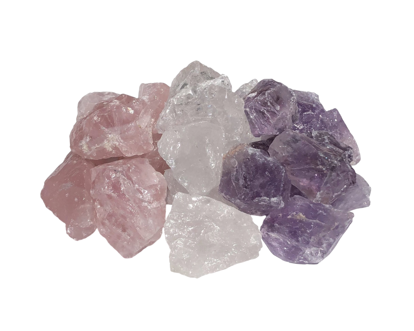Amethyst Bergkristall Rosenquarz Rohsteine in verschiedenen Formen auf weißem Hintergrund