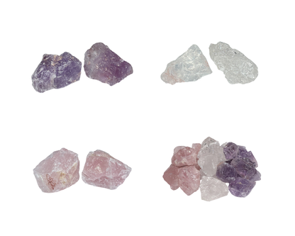 Amethyst Bergkristall Rosenquarz Rohsteine nebeneinander und untereinander angeordnet auf weißem Hintergrund