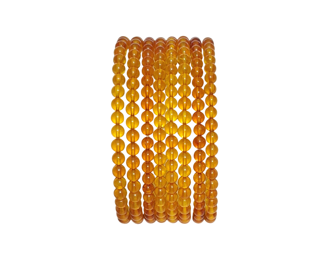 Längsansicht: oranges Bernstein Armband mit runden Kugeln auf weißem Hintergrund