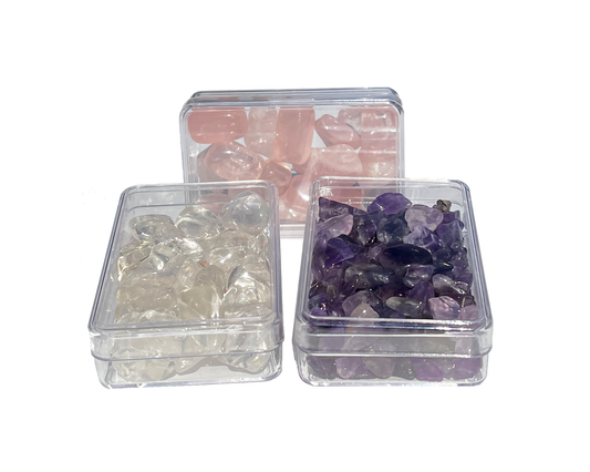 Amethyst Bergkristall Rosenquarz - 3er-Set Trommelsteine Edelsteindose