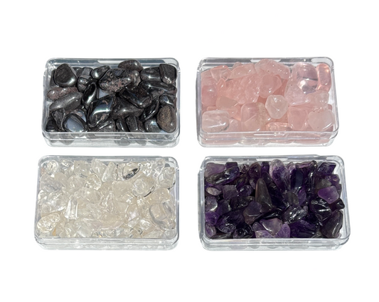 Amethyst Bergkristall Rosenquarz Hämatit - 4er-Set Trommelsteine Edelsteindosen