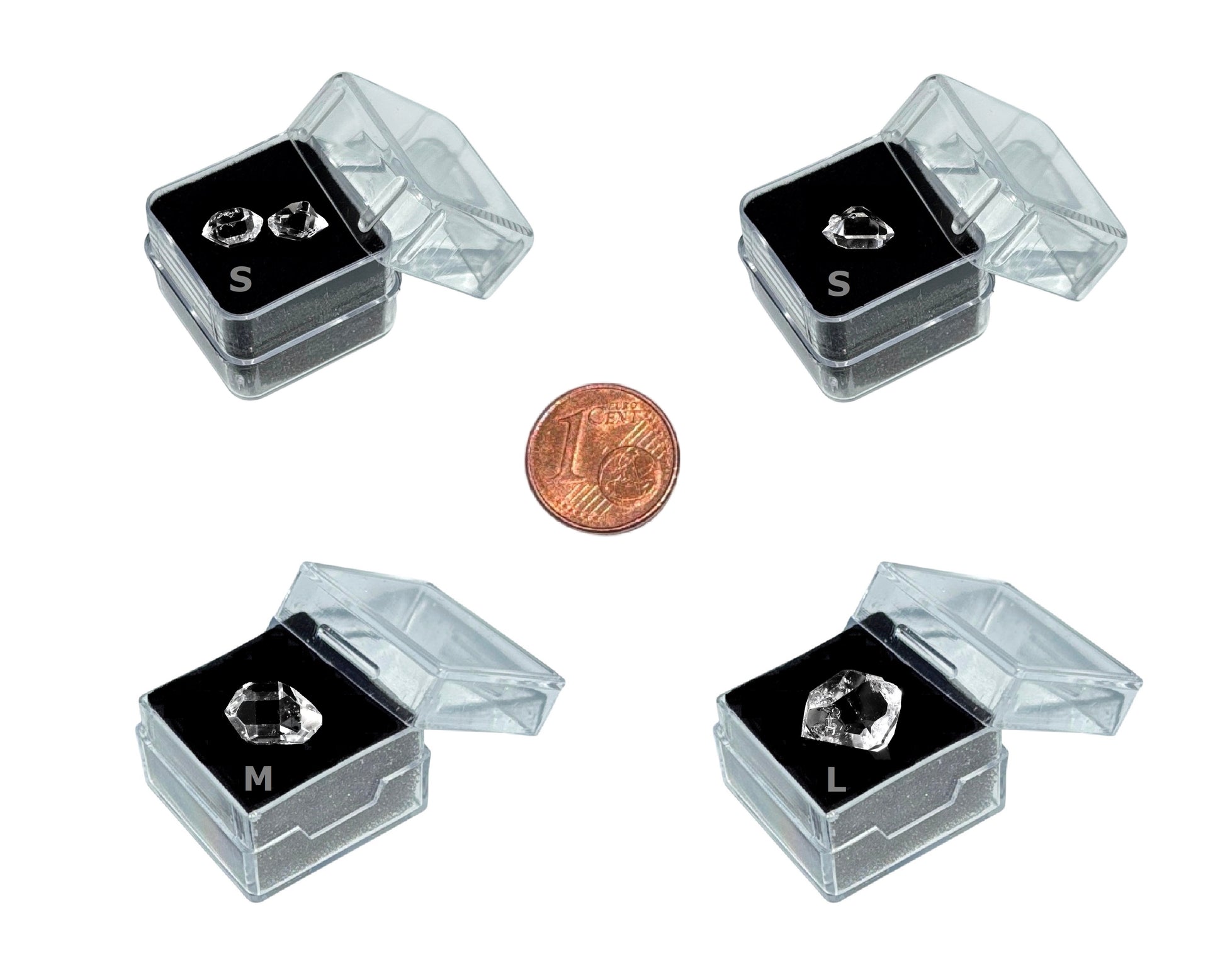 Set aus Herkimer Kristallen in Boxen, Größen S, M, L im Größenvergleich
