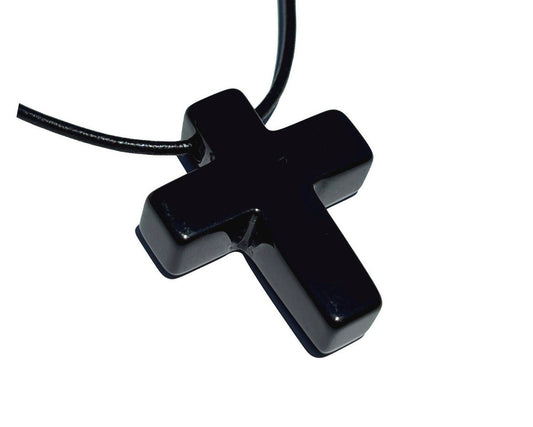 schwarzer Obsidian Kreuz - Edelstein Kettenanhänger gebohrt - inkl. Band