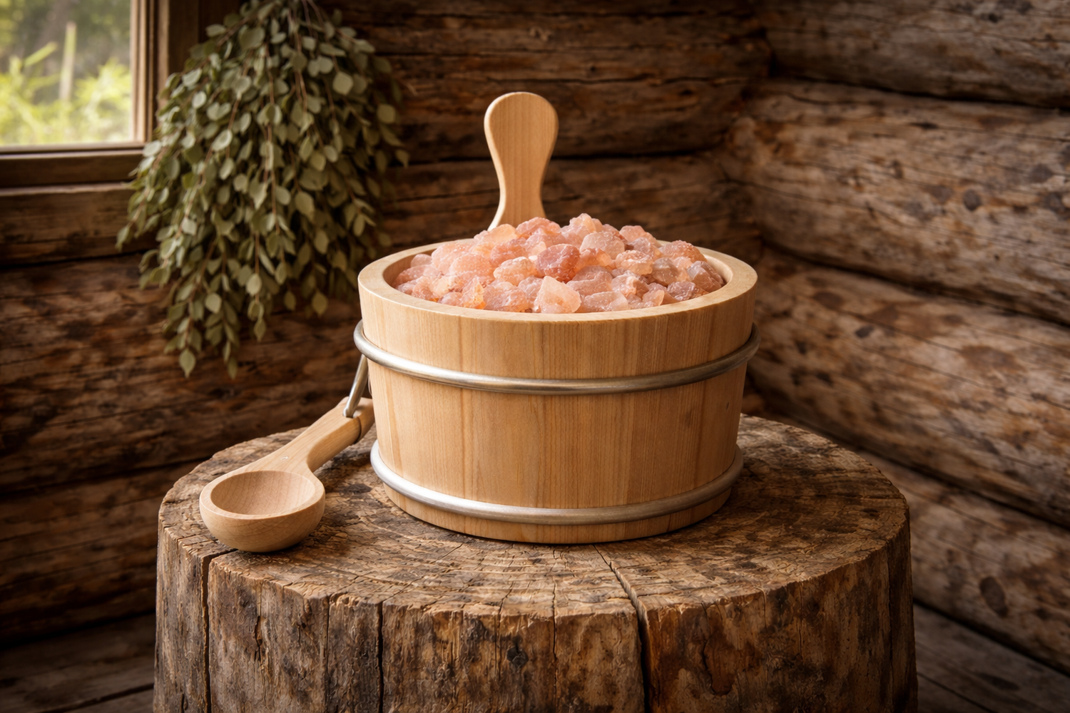 Rustikale Sauna mit Kristallsalz-Brocken
