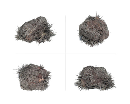Magnetit Rohsteine mit Eisenspänen zweireihig nebeneinander angeordnet auf weißem Hintergrund