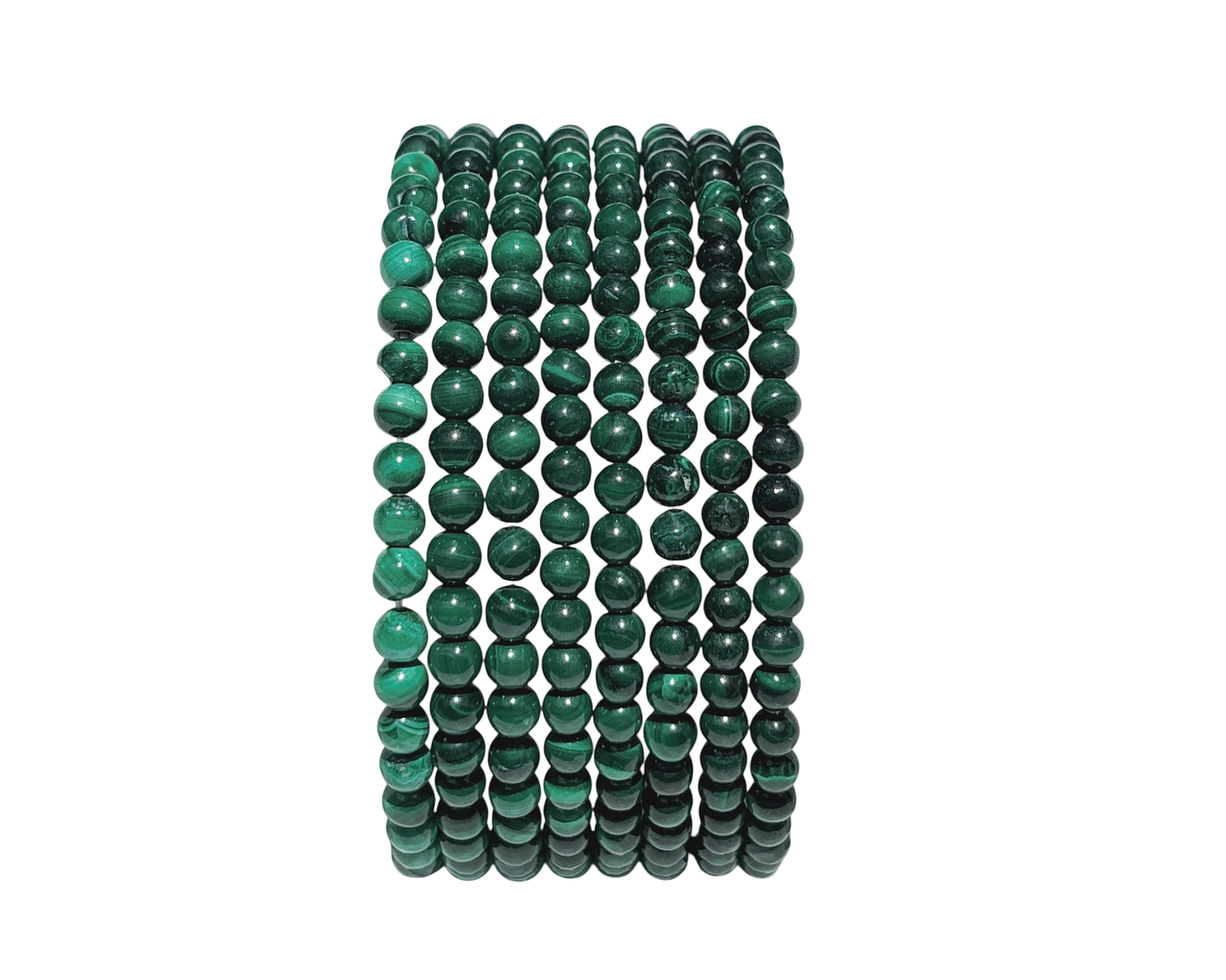 Längsansicht: grünes Malachit Armband mit runden Kugeln auf weißem Hintergrund