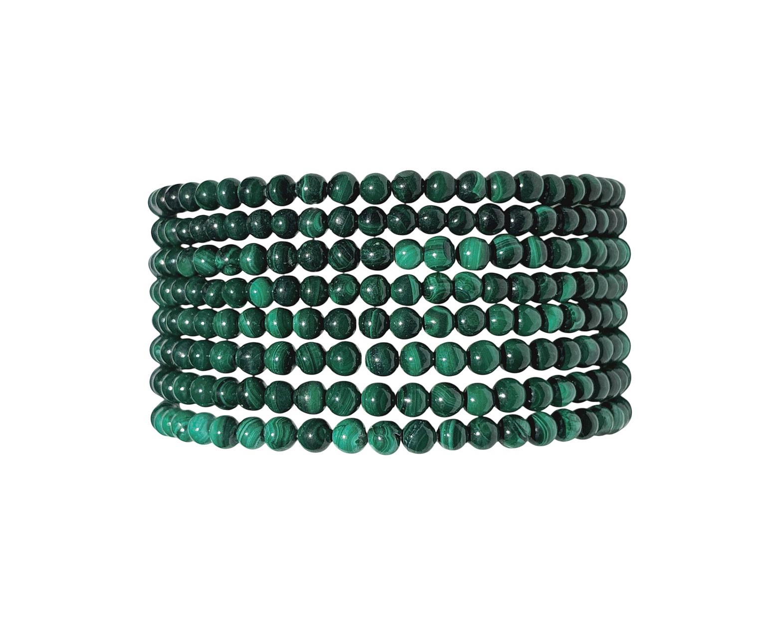 Queransicht: grünes Malachit Armband mit runden Kugeln auf weißem Hintergrund