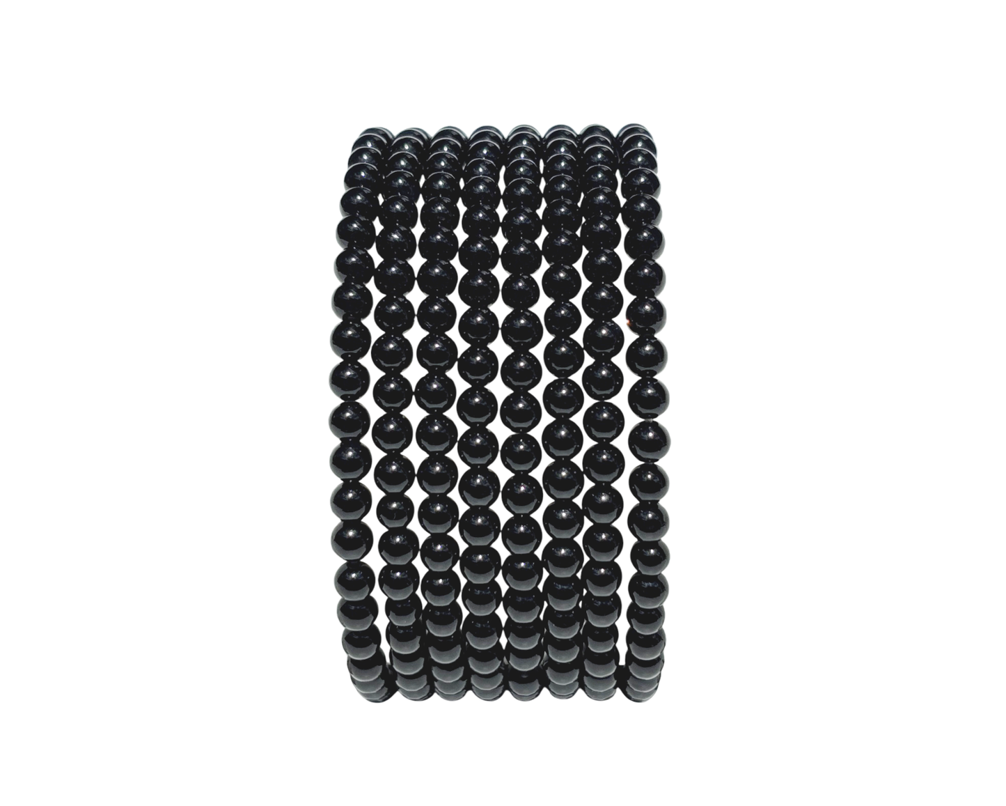 Längsansicht: schwarzes Onyx Armband mit runden Kugeln auf weißem Hintergrund