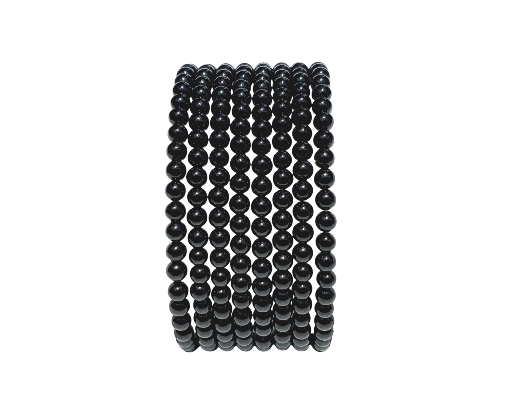 Längsansicht: schwarzes Onyx Armband mit runden Kugeln auf weißem Hintergrund