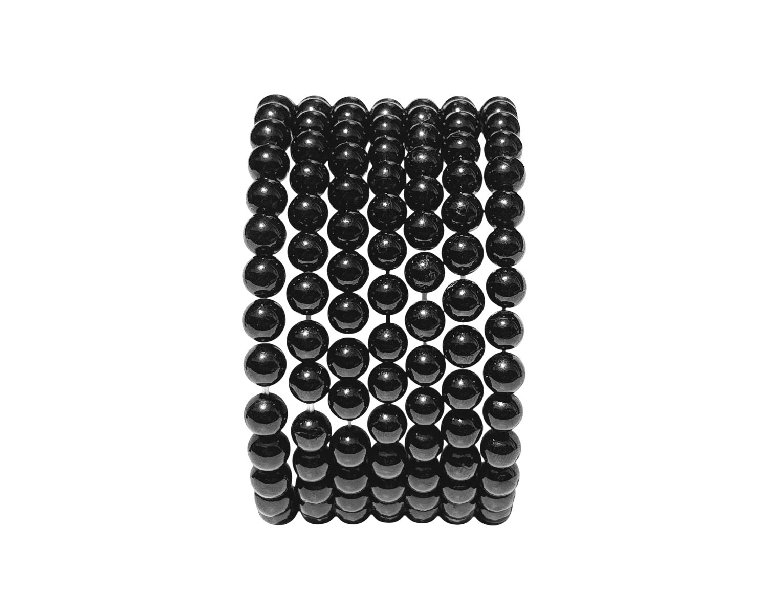 Längsansicht: schwarzes Onyx Armband mit runden Kugeln auf weißem Hintergrund