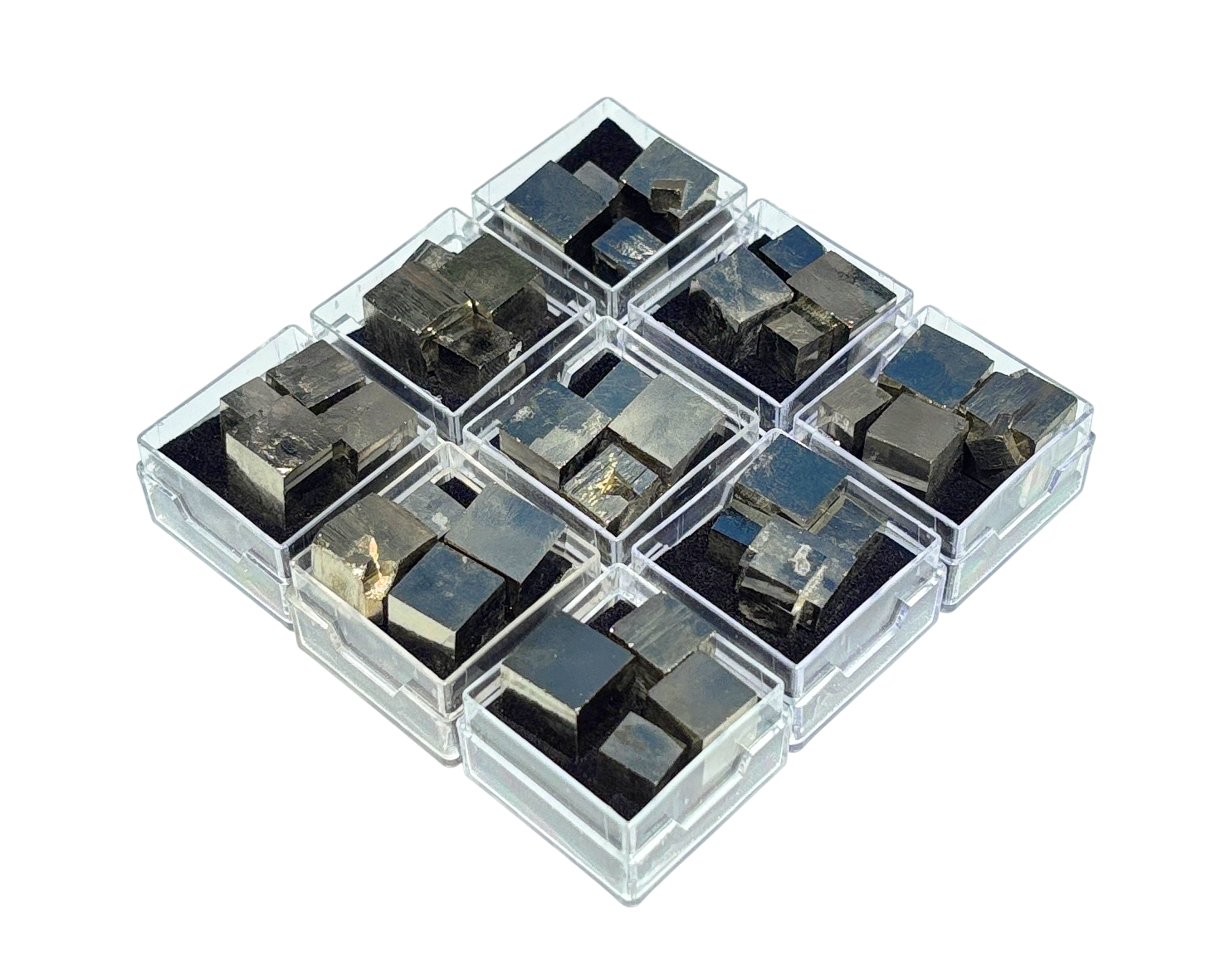 Pyrit Würfel in klarer Box mit schwarzem Samt