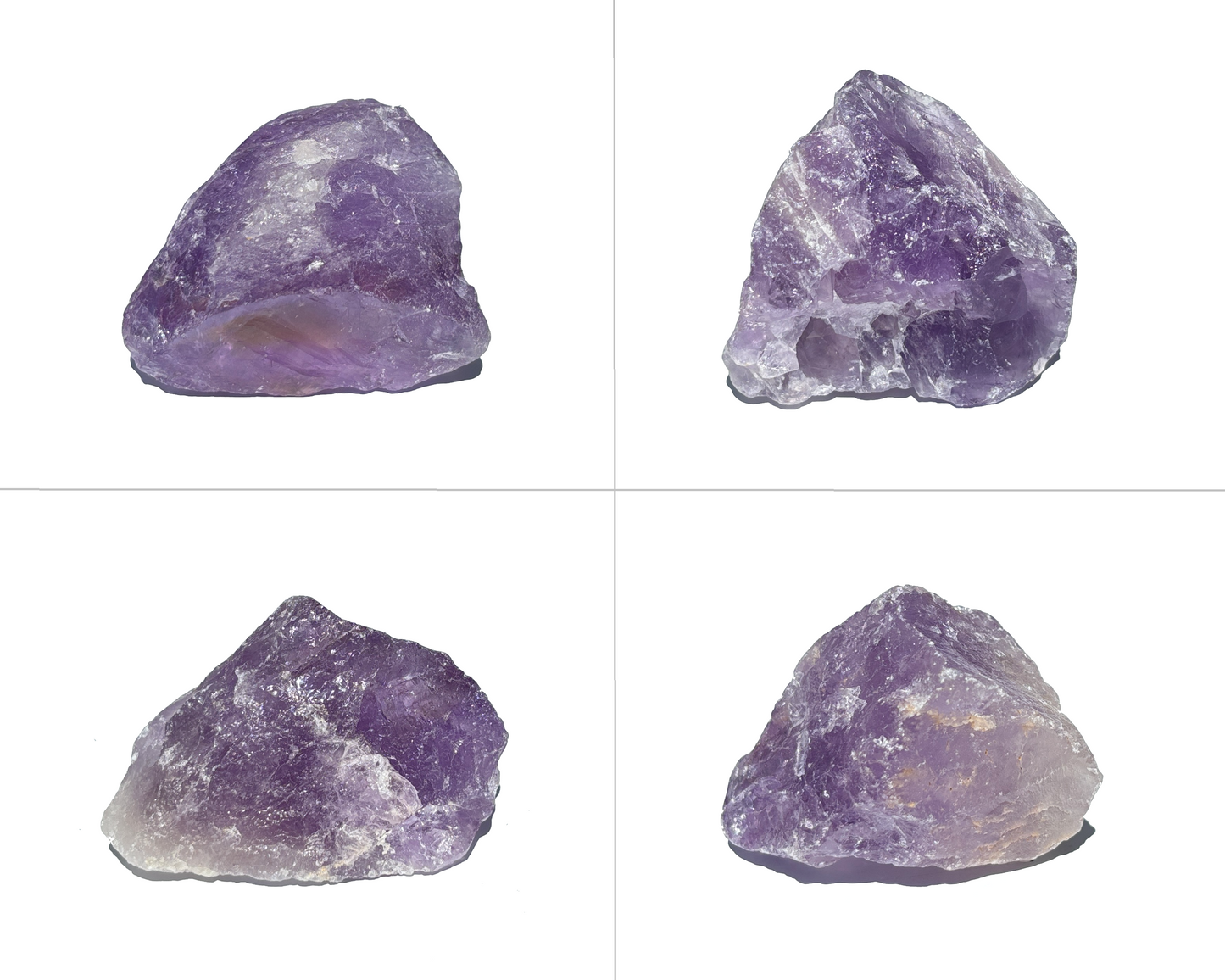 Amethyst Rohsteine nebeneinander und untereinander angeordnet auf weißem Hintergrund