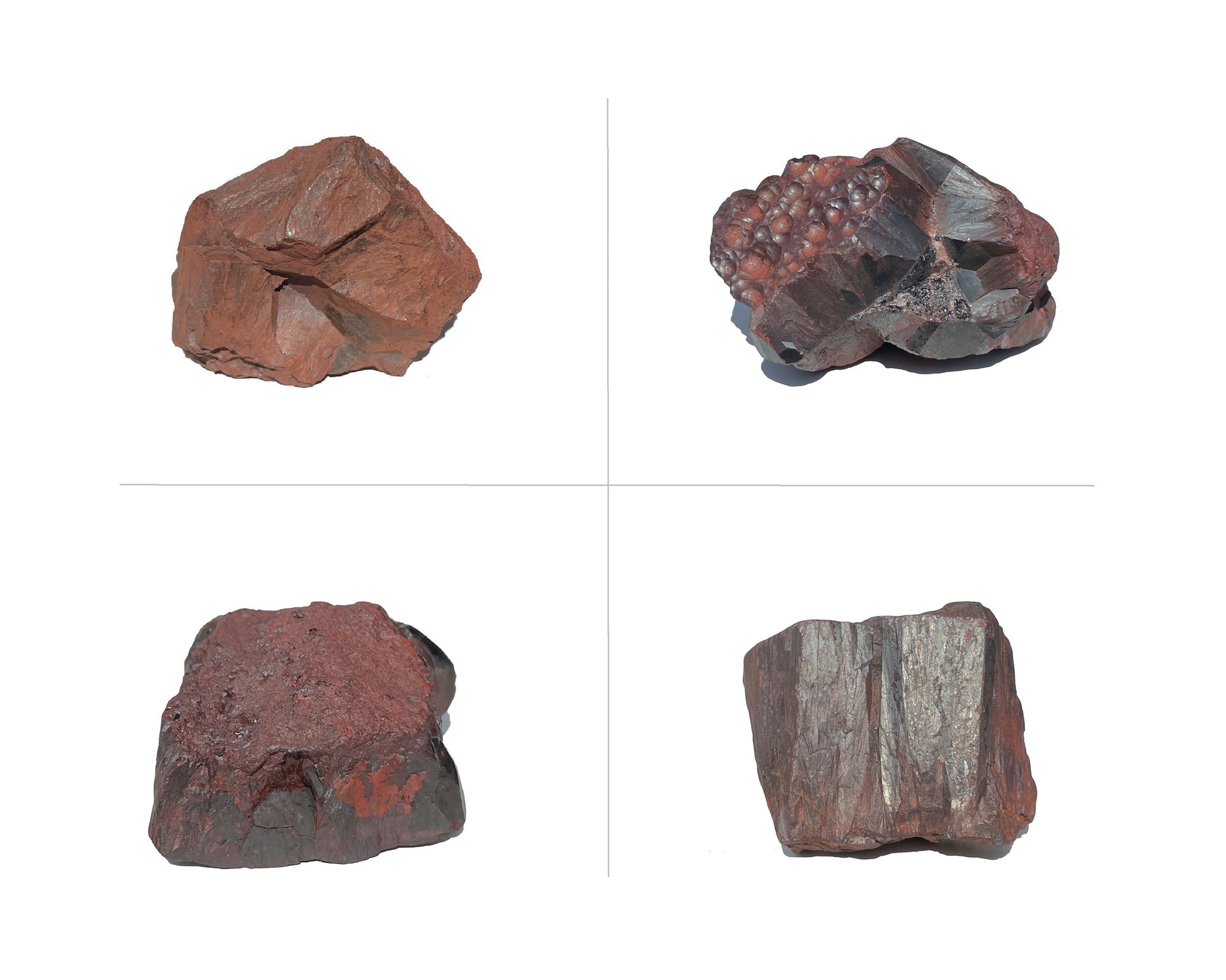 Hämatit Rohsteine zweireihig nebeneinander angeordnet auf weißem Hintergrund