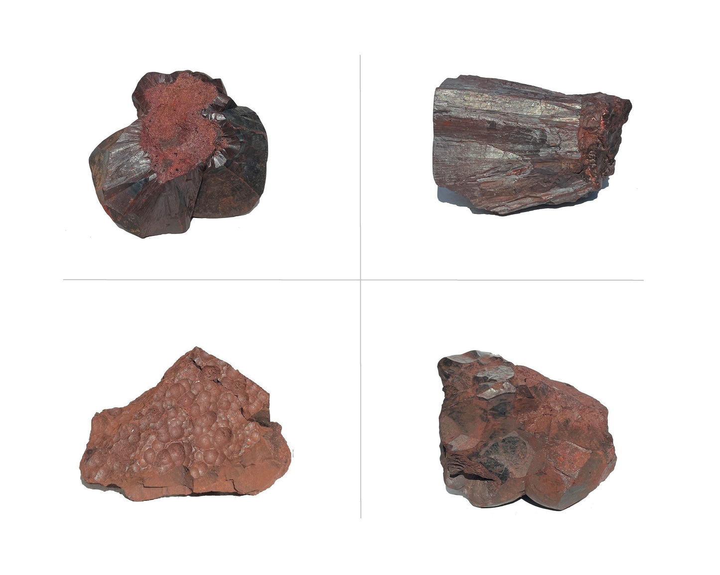 Hämatit Rohsteine nebeneinander und untereinander angeordnet auf weißem Hintergrund