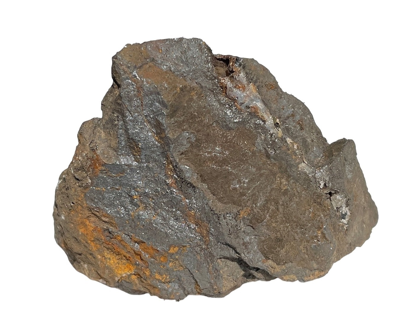 Vorderansicht: einzelner natürlicher Magnetit Rohstein auf weißem Hintergrund