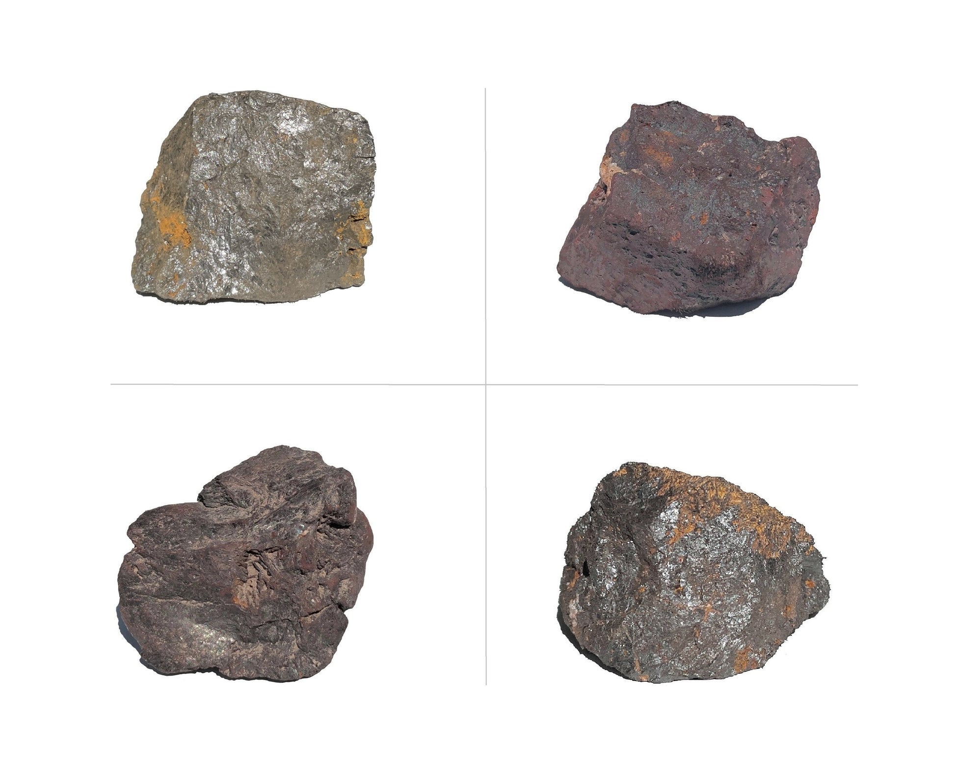 Magnetit Rohsteine untereinander angeordnet auf weißem Hintergrund