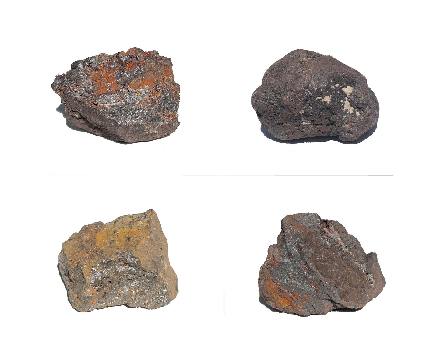 Magnetit Rohsteine zweireihig nebeneinander angeordnet auf weißem Hintergrund