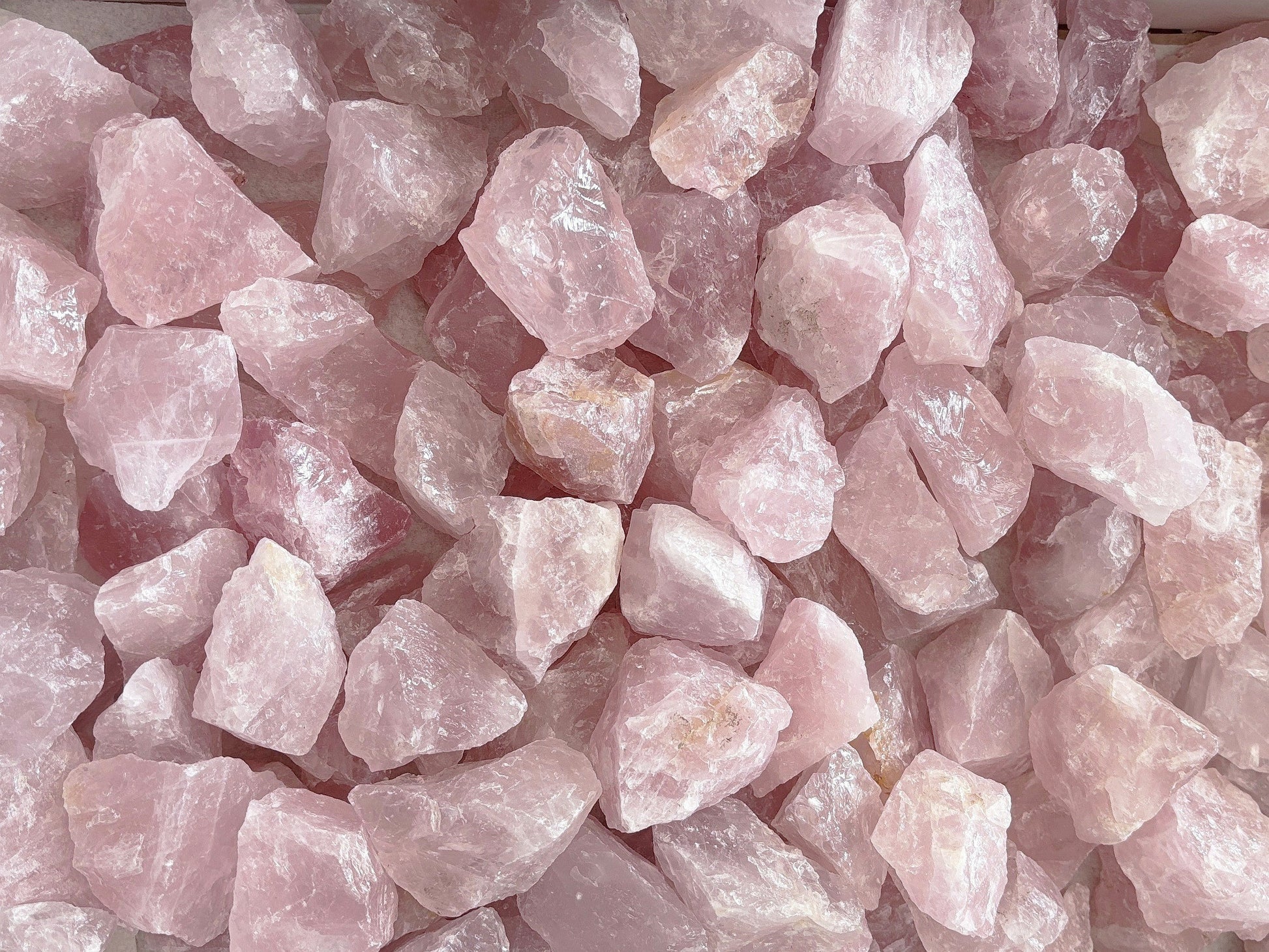 Ansicht von oben: rosefarbene Rosenquarz Rohsteine auf weißem Hintergrund