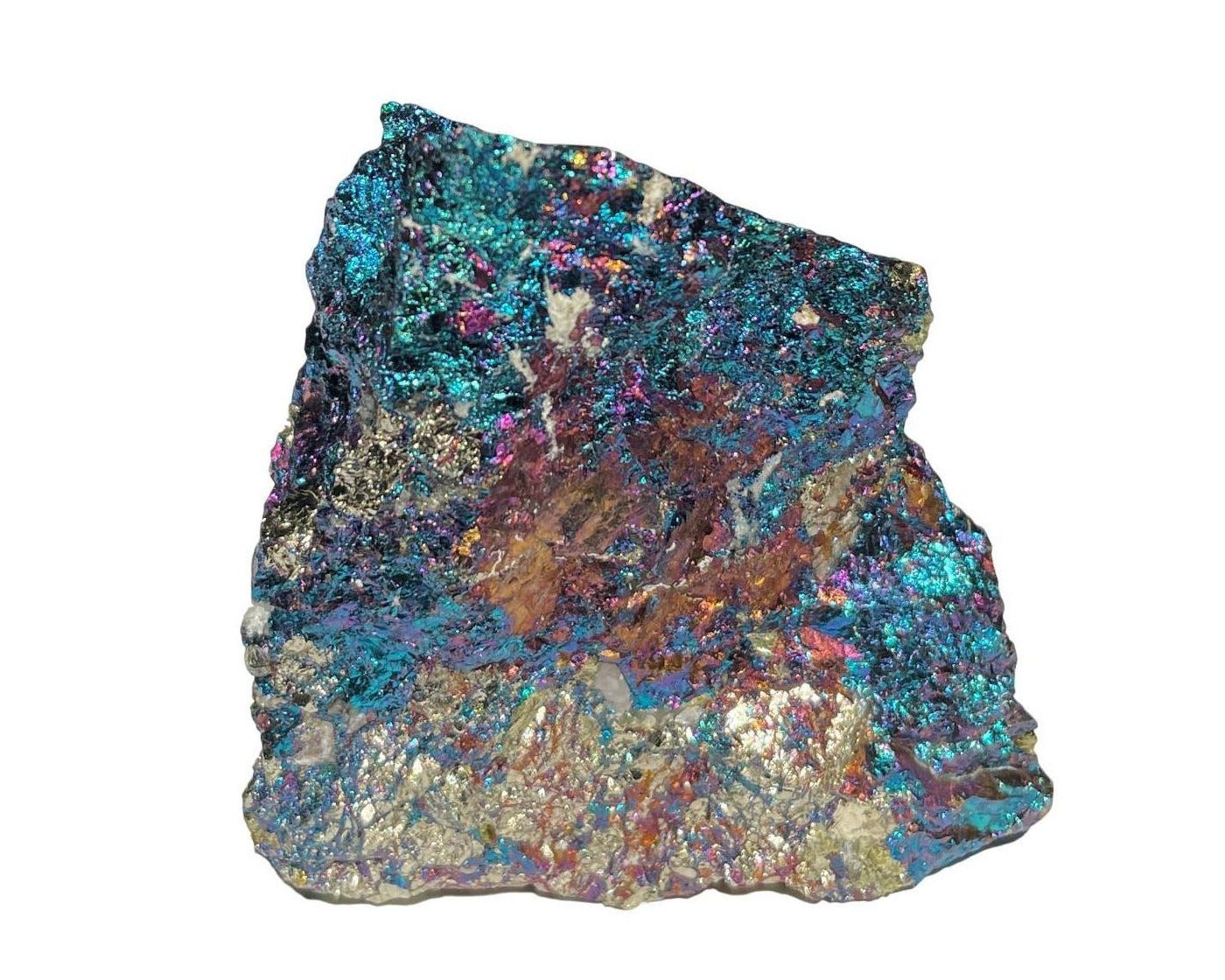 Ansicht von vorn: Buntkupfer in Regenbogenfarben auf weißem Hintergrund