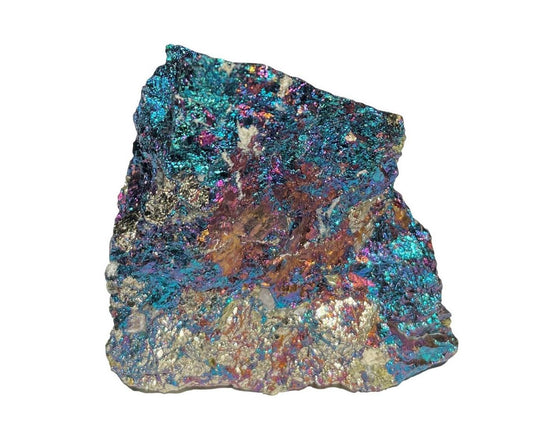 Ansicht von vorn: Buntkupfer in Regenbogenfarben auf weißem Hintergrund