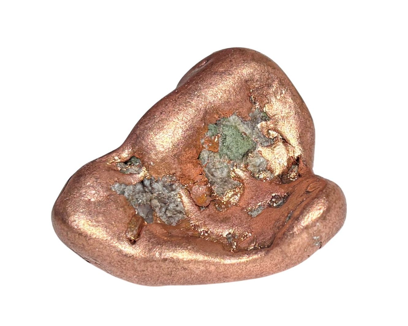 Ansicht von vorn: natives Kupfer - natürliches Kupfer Nugget auf weißem Hintergrund