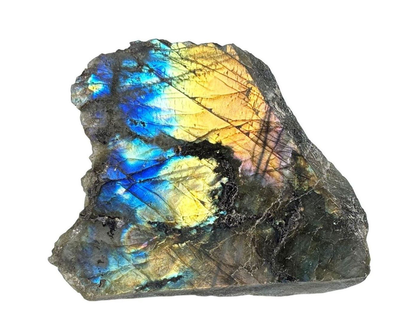 Vorderansicht: Labradorit Rohstein anpoliert mit irisierenden Farben