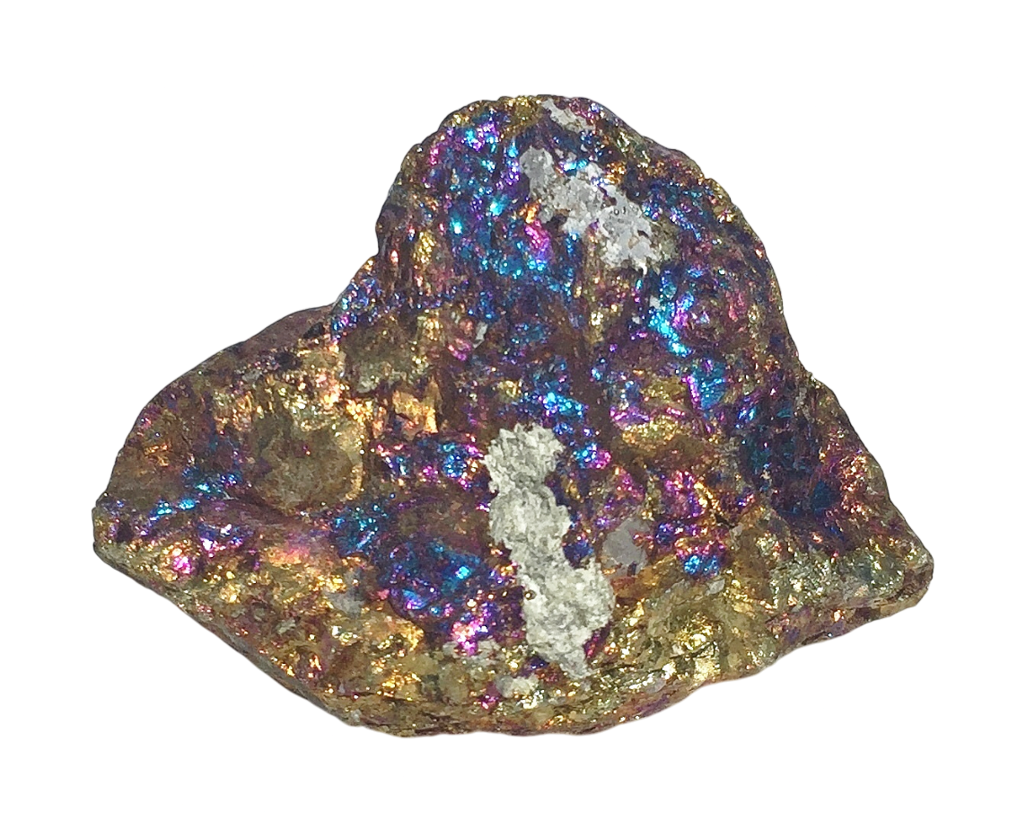 Ansicht von vorn: Buntkupfer in Regenbogenfarben auf weißem Hintergrund