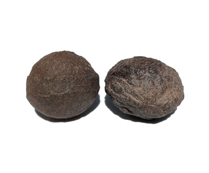 Zwei Moqui Marbles Unikate nebeneinander auf weißem Hintergrund