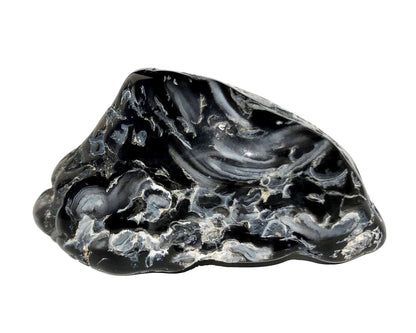 schwarzer Wasserachat mit Maserung auf weißem Hintergrund