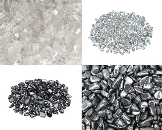 mehrere Ansichten: Bergrkistall und Hämatit Trommelsteine auf weißem Hintergrund