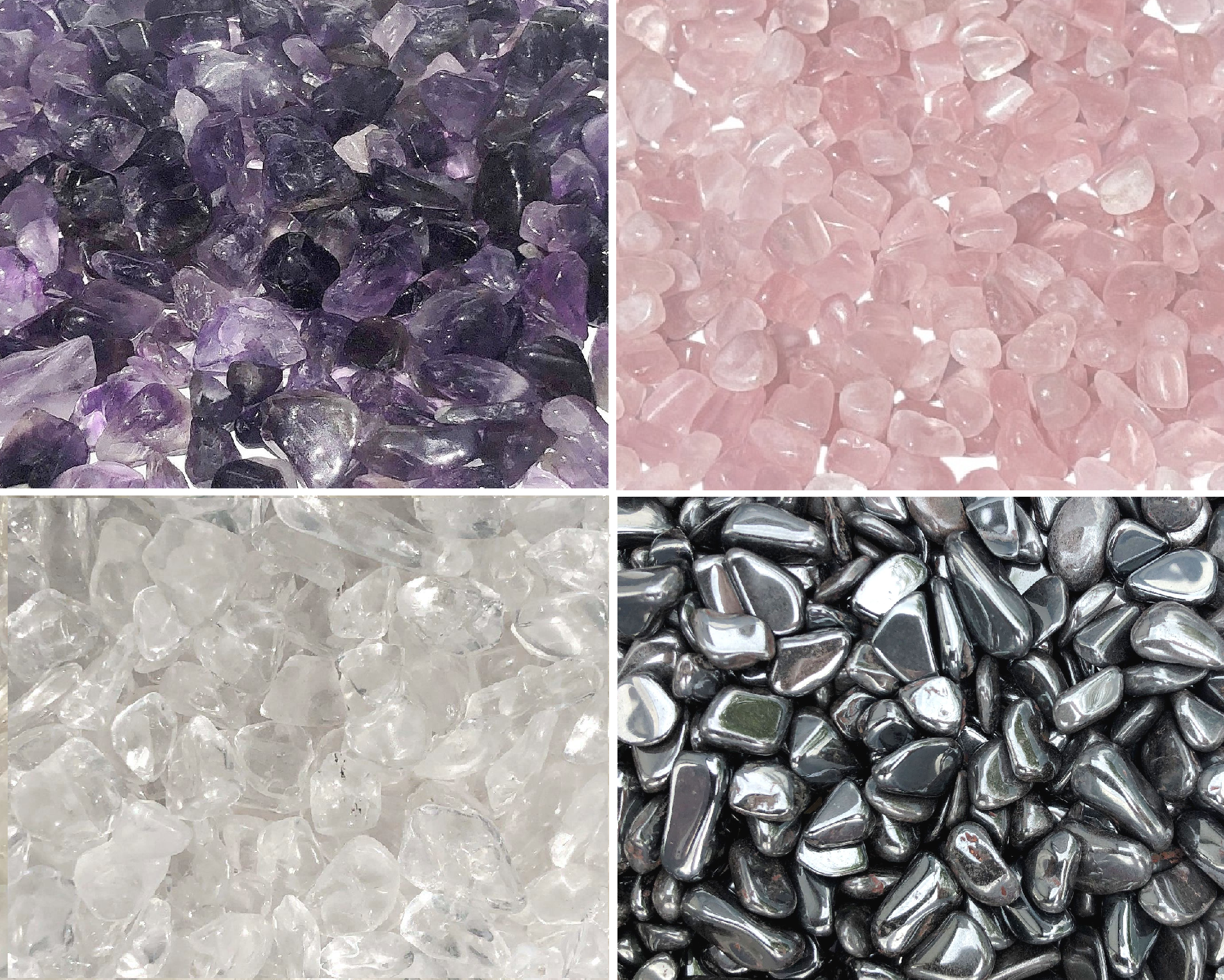 Amethyst Bergkristall Rosenquarz Hämatit Trommelsteine nebeneinander auf weißem Hintergrund