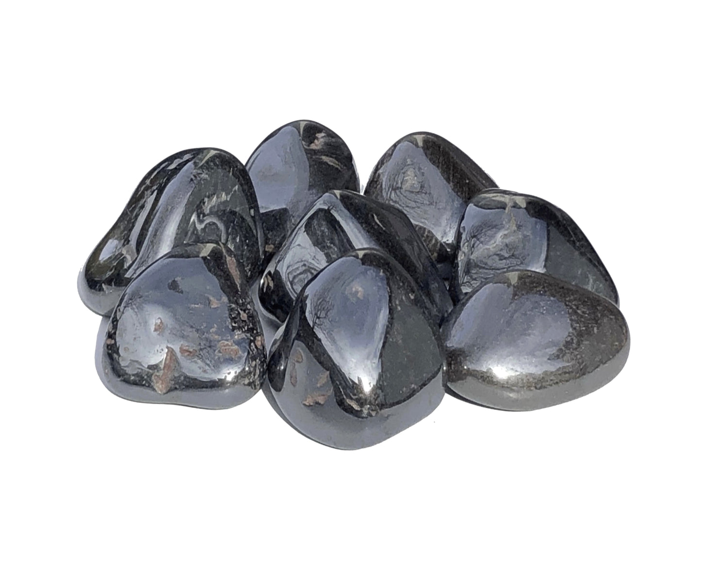 Vorderansicht: Hämatit Trommelsteine auf weißem Hintergrund