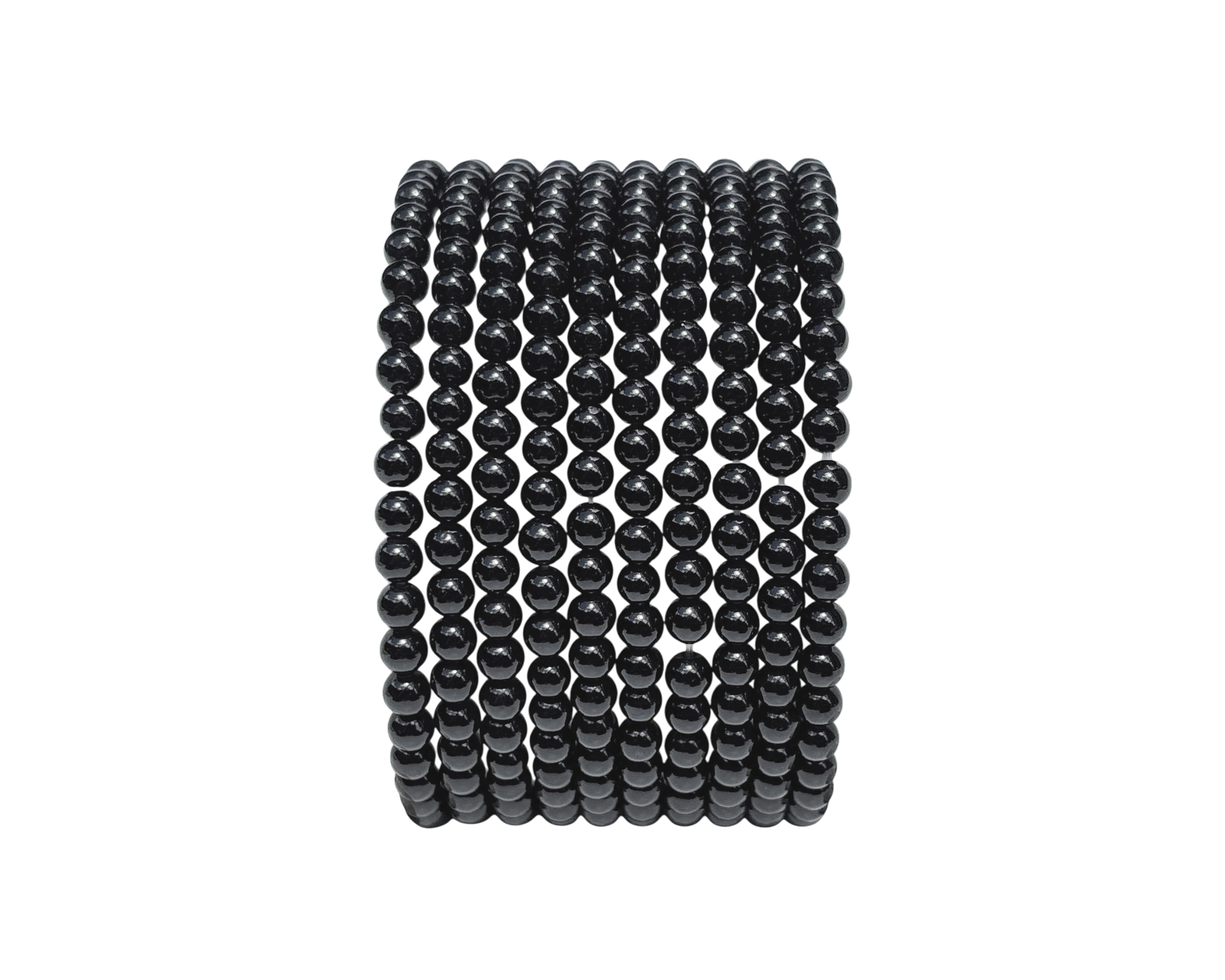 Längsansicht: schwarzes Turmalin Armband mit runden Kugeln auf weißem Hintergrund