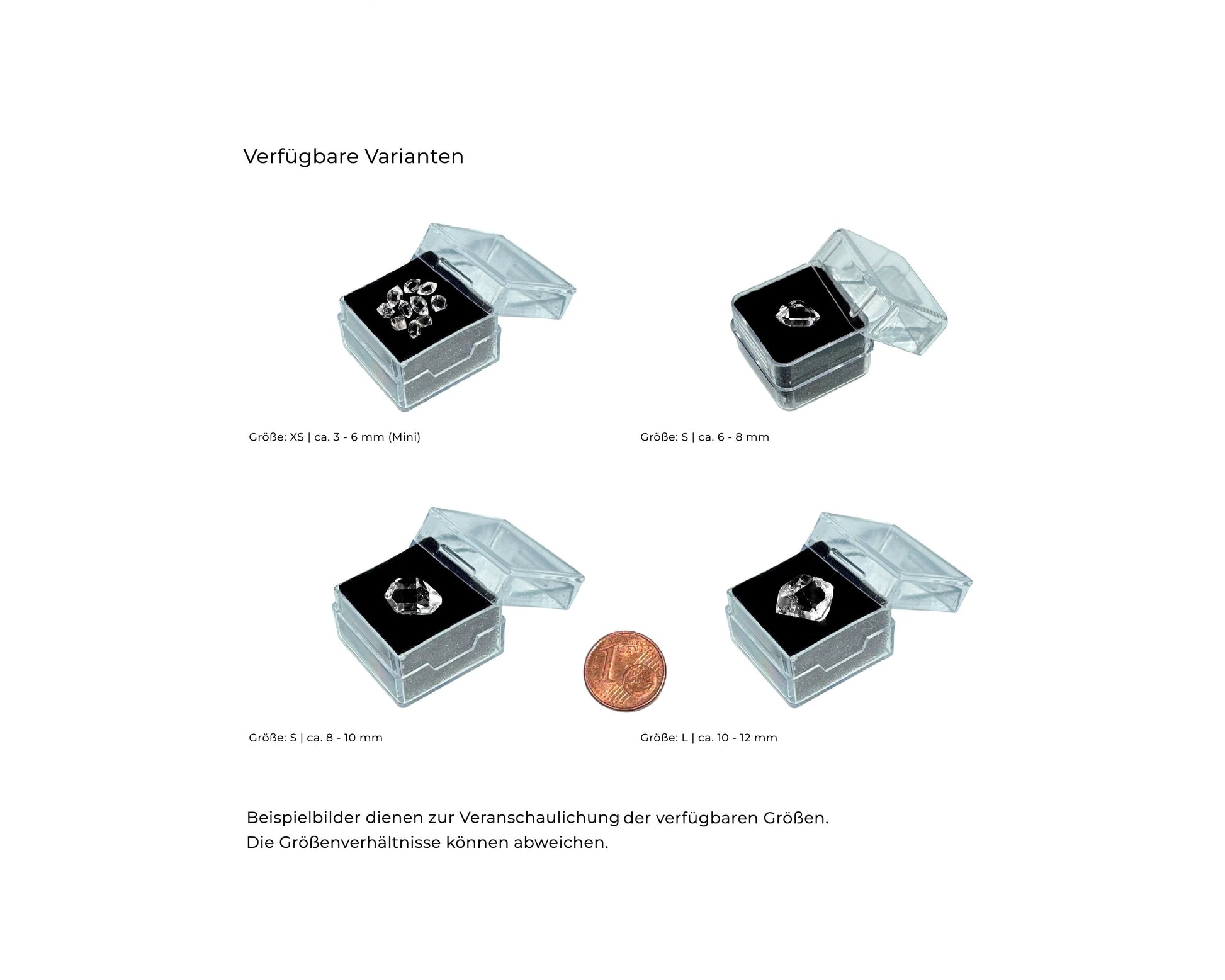 Set aus Herkimer Kristallen in Boxen, Größen S, M, L im Größenvergleich