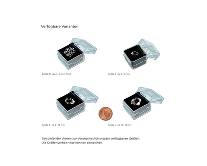 Set aus Herkimer Kristallen in Boxen, Größen S, M, L im Größenvergleich